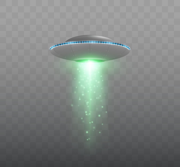 Ufo-raumschiff mit dem lichtstrahl lokalisiert auf transparenter hintergrundvektorillustration