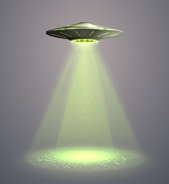 Ufo-raumschiff mit gelbem lichtstrahl isoliert auf grauer hintergrundvektorillustration