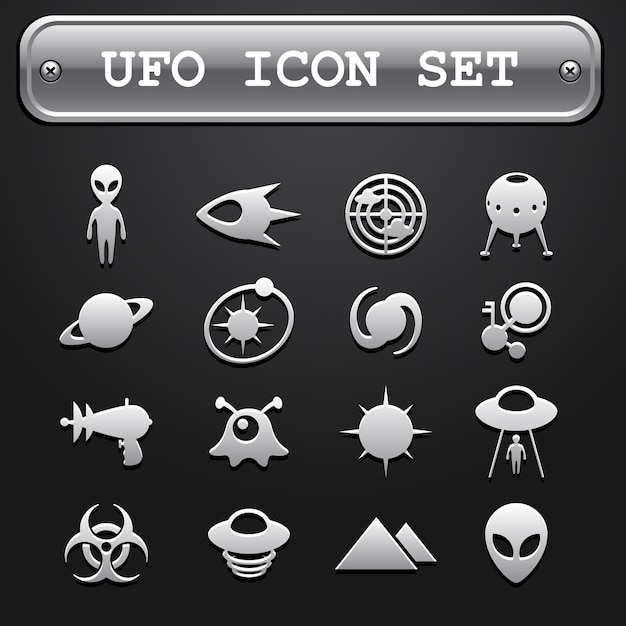 Vektor ufo-symbol auf schwarzem hintergrund eingestellt