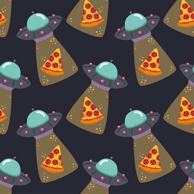 Ufo und pizza nahtloses muster auf dunklem hintergrund vektorillustration