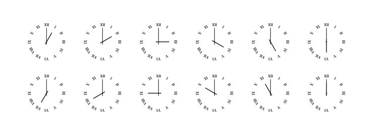 Vektor uhr mit römischen ziffern und unterschiedlichen zeiten von 1 bis 12 uhr. vektor eps 10
