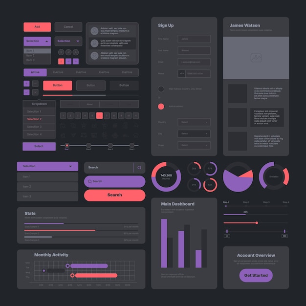 Ui dunkel. Webdesign-Seiten-Layout-Benutzersymbole Schaltflächen Trennwände navigieren Werkzeuge Infografik moderne grelle Vektorsammlung. Illustrationsnavigationsmenü, Website-Mockup-Infografik