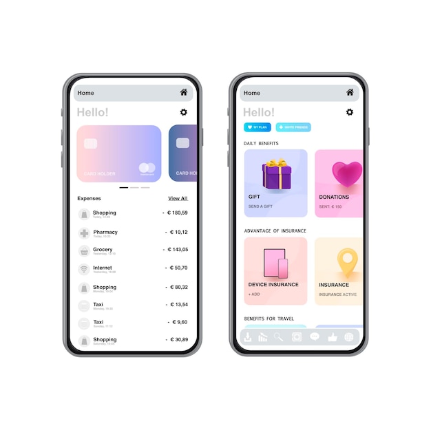 UI-Kit für Online-Zahlungs- oder Kreditkarten-App für responsive mobile App mit Website-Menü wie