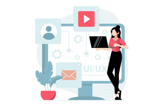 UI- und UX-Designkonzept mit People-Szene im flachen Stil Frauen arbeiten als Designer, die Schnittstellen und Inhalte erstellen, platzieren Schaltflächen auf der Vorlage Vektorillustration mit Zeichensituation für das Web