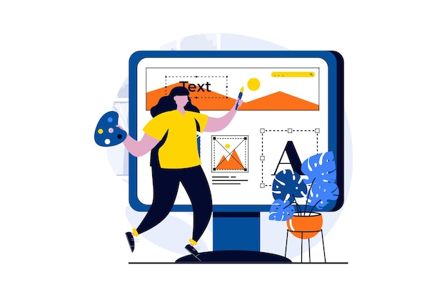 Ui ux Designkonzept mit People-Szene im flachen Cartoon-Design Illustratorin, die mit dem Layout der Schnittstellenzeichnung arbeitet und Elemente und Schaltflächen erstellt Visuelle Geschichte der Vektorillustration für das Web