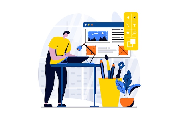 Ui ux Designkonzept mit People-Szene im flachen Cartoon-Design Man Illustrator Drawing am Grafiktablett erstellt Elemente und Schaltflächen auf dem Layout der Schnittstelle Visuelle Geschichte der Vektorillustration für das Web