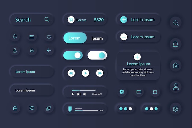 UI-UX-Kit für Apps und Website-UI-Design mit Farbverlauf und realistischem Schlagschatten-Dunkelmodus