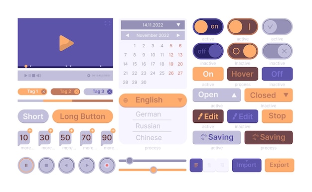 Vektor ui-webvorlagen. modernes, sauberes smartphone-thema wireframes app-elemente schaltflächen schnittstelle symbol trenner grelle vektor-set. illustration ui-schnittstellenanwendung, software-app-schaltfläche