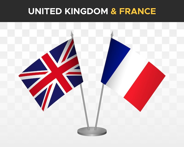 Uk vereinigtes königreich großbritannien vs. frankreich tischflaggen mockup isolierte 3d-vektorillustration tischflaggen