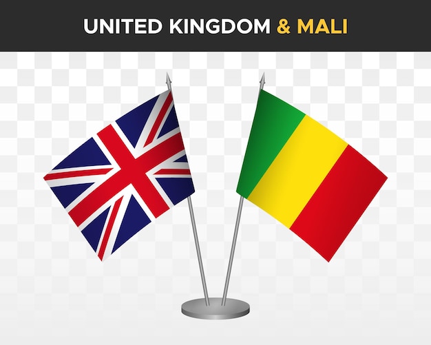 Uk vereinigtes königreich großbritannien vs. mali tischflaggen mockup isolierte 3d-vektorillustration tischflaggen