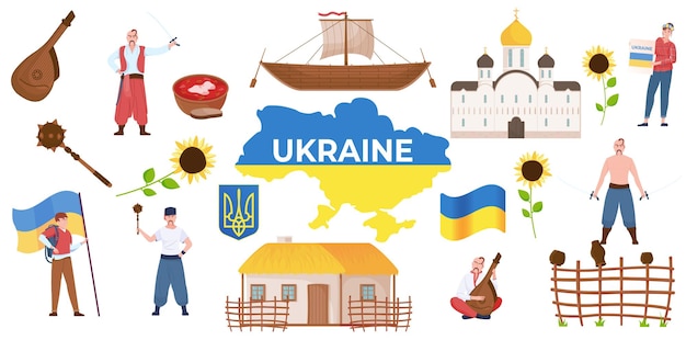 Ukraine flaches set mit ukrainischer flagge wappen menschen architektur küche sonnenblumen isolierte vektorillustration