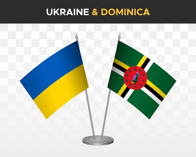 Ukraine und dominica schreibtischfahnen isoliert auf weißem 3d-vektor-illustration tischfahnen