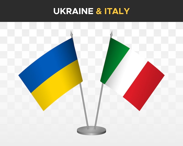 Ukraine und Italien Schreibtischfahnen isoliert auf weißem 3D-Vektor-Illustration Tischfahnen