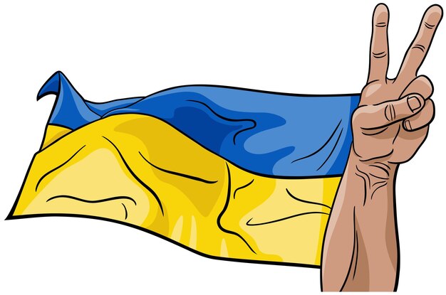 Ukrainische Flagge und Hand in einer Geste der Siegesvektorillustration