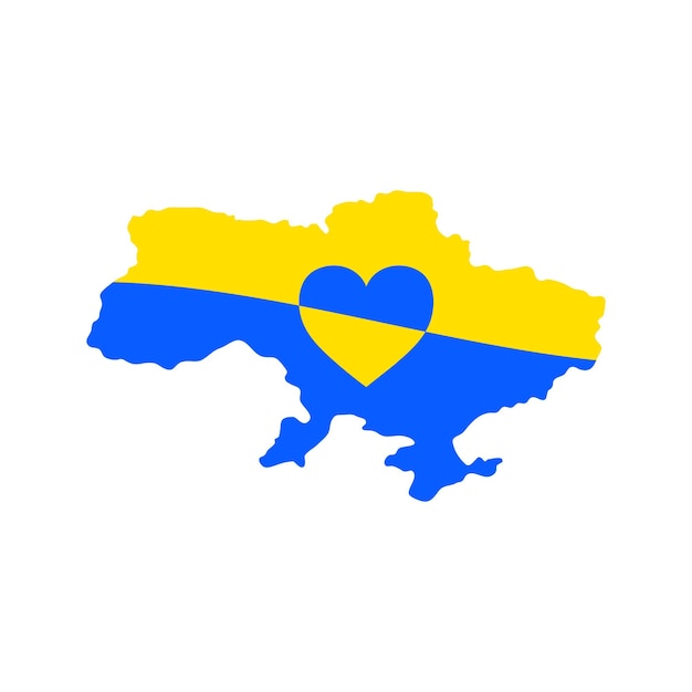 Ukrainische Kartenflagge in blau-gelben Farben mit Herz. Stützen Sie die patriotische Liebe der Ukraine, Geopolitik