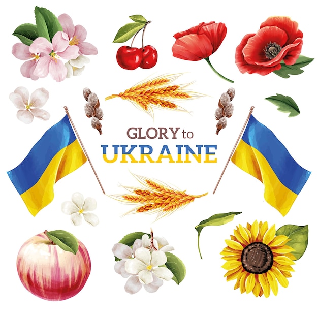 Ukrainische Symbole und nationale Attribute isoliert auf weiß mit Slogan