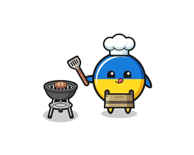 Ukrainischer flaggen-barbecue-koch mit einem grill