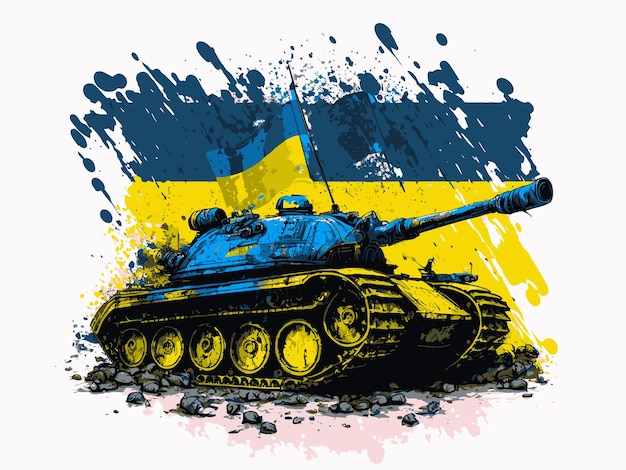 Vektor ukrainischer panzer mit einer flagge, die die ukraine vor der russischen invasion schützt