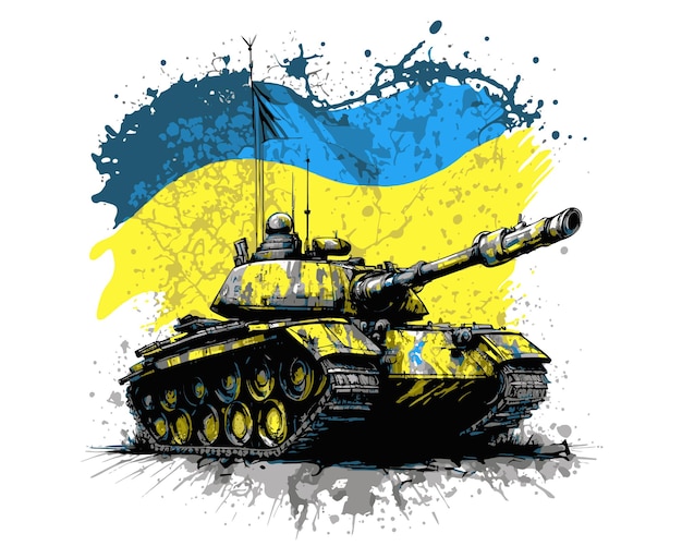 Ukrainischer Panzer mit einer Flagge, die die Ukraine vor der russischen Invasion schützt