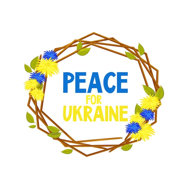 Ukrainischer rahmen aus stöcken mit blumentext frieden für die ukraine mit zwei farben blau und gelb