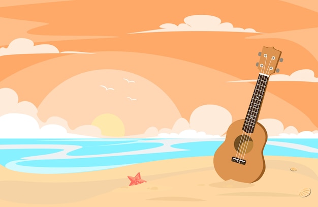 Ukulele im Strand am flachen Design des Abends