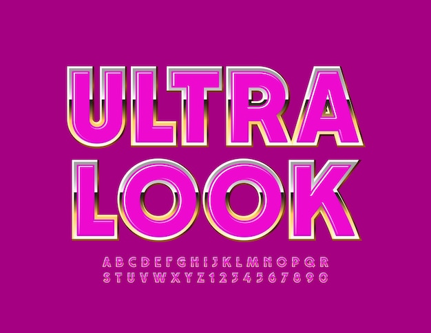 Ultra Look. Glamour glänzende Schrift. Rosa und Gold Alphabet Buchstaben und Zahlen gesetzt