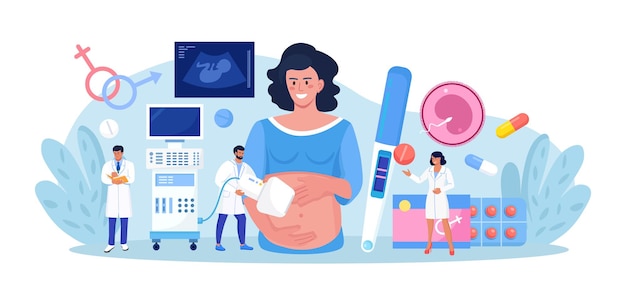 Vektor ultraschall-schwangerschafts-screening embryo-baby-gesundheitsdiagnostik ultraschall-arzt, der schwangere frau mit ultraschallgerät im krankenhaus scannt gynäkologe, der bauch-sonographie macht medizinischer test