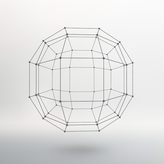 Umfang von Linien und Punkten. Kugel der mit Punkten verbundenen Linien. Molekülgitter. Das strukturelle Gitter von Polygonen. Weißer Hintergrund. Die Anlage befindet sich auf einem weißen Studiohintergrund.