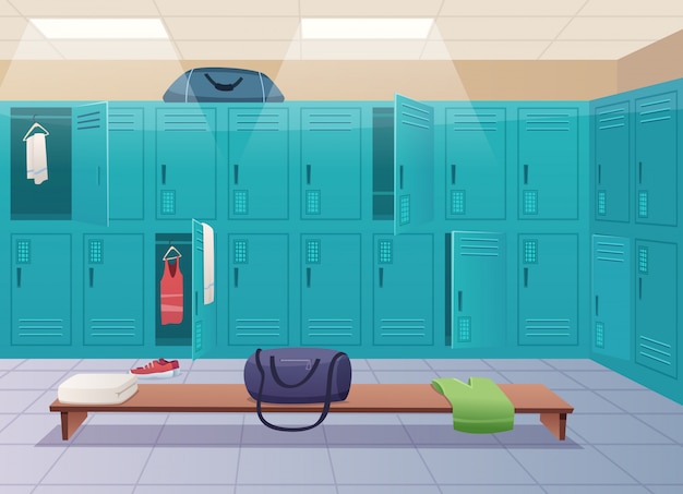 Umkleidekabine der schule. college gym sport schließfächer umkleideraum innenraum klassenzimmer mit ausrüstung und korridor cartoon hintergrund