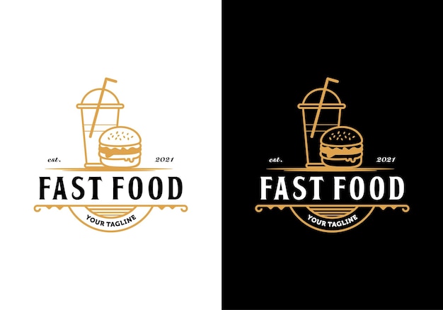 Umreißen sie burger mit getränkebecher. inspiration für das design der vorlage für das logo von fast-food-restaurants