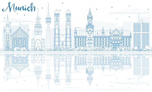 Umreißen sie die münchner skyline mit blauen gebäuden und reflexionen. vektor-illustration. geschäftsreise- und tourismuskonzept mit historischer architektur. bild für präsentationsbanner-plakat und website.