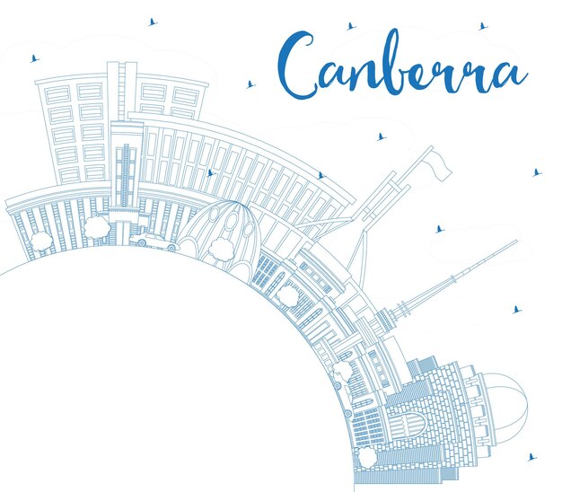 Umreißen sie die skyline der stadt canberra australien mit blauen gebäuden und textfreiraum. vektor-illustration. geschäftsreise- und tourismuskonzept mit moderner architektur. canberra-stadtbild mit sehenswürdigkeiten.