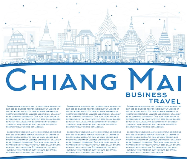 Umreißen sie die skyline der stadt chiang mai thailand mit blauen gebäuden und textfreiraum. vektor-illustration. geschäftsreise- und tourismuskonzept mit moderner architektur. chiang mai-stadtbild mit sehenswürdigkeiten.