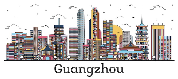 Umreißen Sie die Skyline der Stadt Guangzhou China mit Farbe Gebäude, Isolated on White. Vektor-Illustration. Guangzhou-Stadtbild mit Sehenswürdigkeiten.