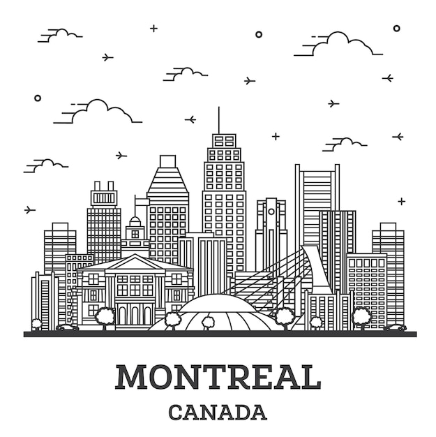 Vektor umreißen sie die skyline der stadt montreal kanada mit modernen gebäuden und reflexionen, isoliert auf weiss