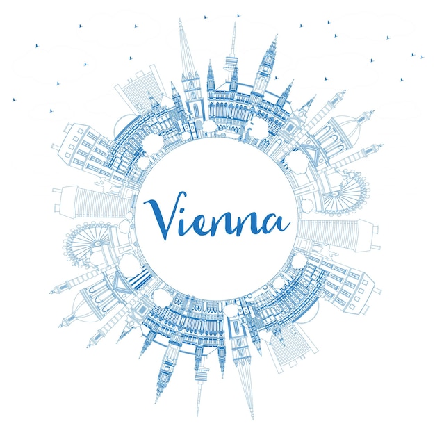 Umreißen sie die skyline der stadt wien mit blauen gebäuden und textfreiraum. vektor-illustration. geschäftsreise- und tourismuskonzept mit historischer architektur. wiener stadtbild mit wahrzeichen.