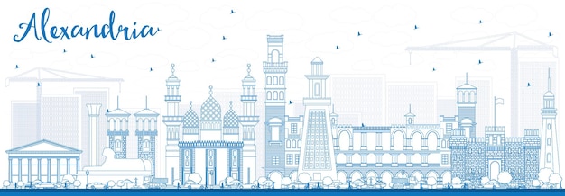 Umreißen sie die skyline von alexandria mit blauen gebäuden. vektor-illustration. geschäftsreise- und tourismuskonzept mit historischer architektur. bild für präsentationsbanner-plakat und website