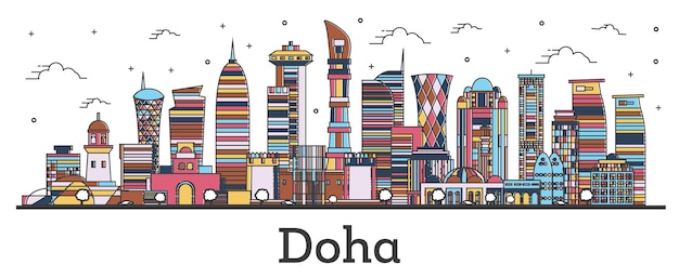 Umreißen sie die skyline von doha katar mit farbe gebäude, isolated on white. vektor-illustration. doha-stadtbild mit sehenswürdigkeiten.