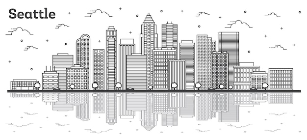 Umreißen sie die skyline von seattle washington mit modernen gebäuden und reflexionen, isolated on white. vektor-illustration. seattle usa stadtbild mit sehenswürdigkeiten.