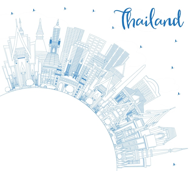 Vektor umreißen sie die skyline von thailand mit blauen gebäuden und textfreiraum. vektor-illustration. tourismuskonzept mit historischer architektur. thailand-stadtbild mit sehenswürdigkeiten.