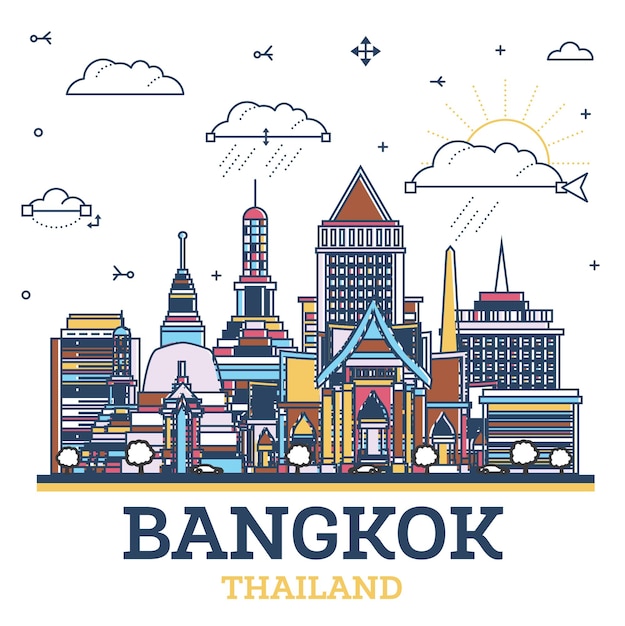 Vektor umriss bangkok thailand city skyline mit farbigen historischen gebäuden, isolated on white bangkok stadtbild mit sehenswürdigkeiten