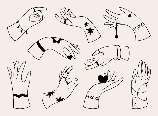 Umriss der hände-vektor-illustrationssatz verschiedene gesten-clipart ikonen der menschlichen hände