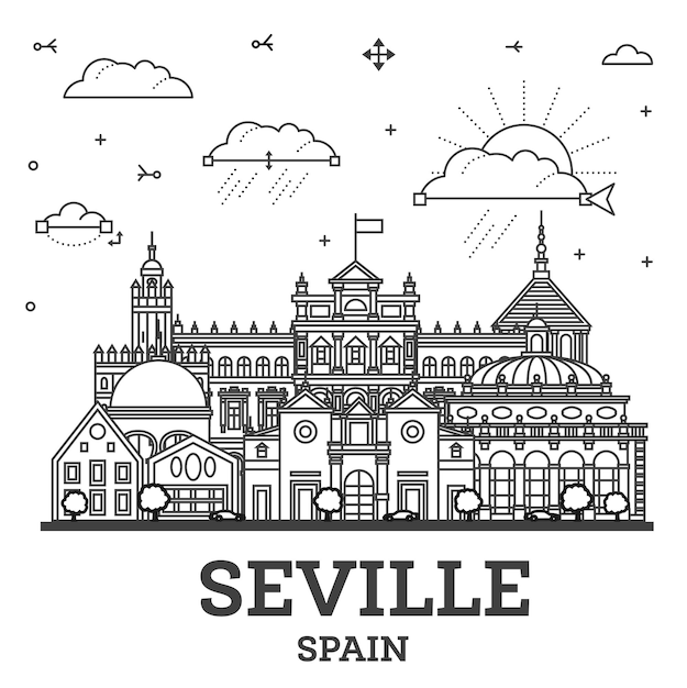 Vektor umriss der stadt sevilla spanien skyline mit historischen gebäuden isoliert auf weißer illustration sevilla stadtlandschaft mit sehenswürdigkeiten