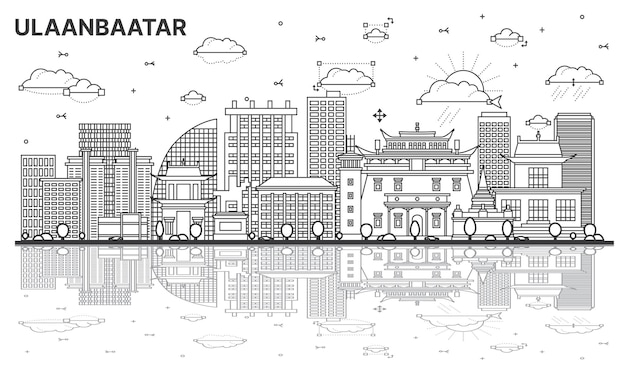 Umriss der ulan-bator-stadt in der mongolei mit historischen gebäuden und reflexionen, die auf weiß isoliert sind