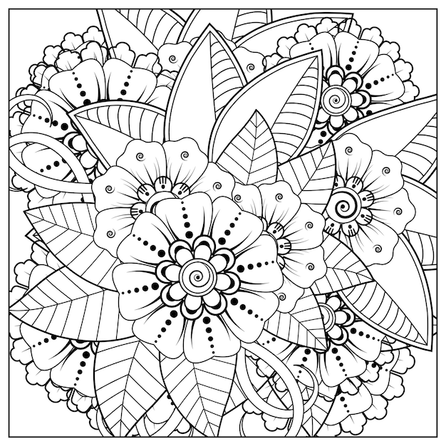 Umriss quadratisches blumenmuster im mehndi-stil zum ausmalen von buchseiten-doodle-ornamenten in schwarz-weißer handzeichnungsillustration