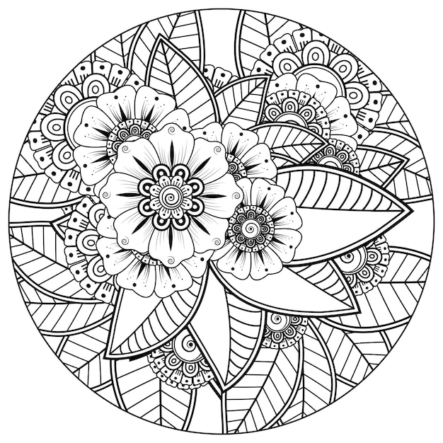 Umriss rundes blumenmuster im mehndi-stil zum ausmalen von buchseiten-doodle-ornamenten in schwarz-weißer handzeichnung