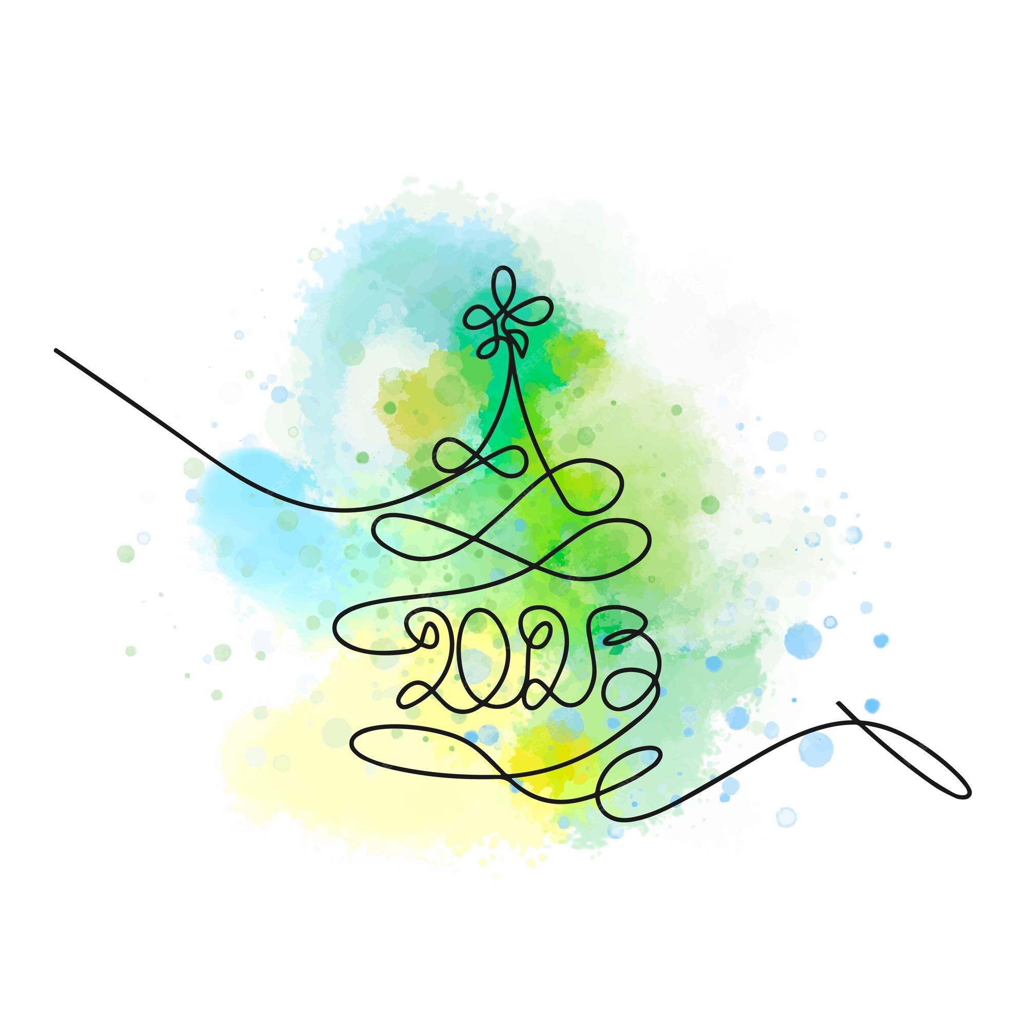 Umriss Weihnachtsbaum 2023 einzeilige Illustration auf einem Aquarell