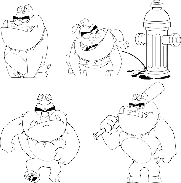 Umrissene bulldogge-cartoon-figur. vektor, hand, gezeichnet, sammlung, satz, freigestellt, weiß, hintergrund