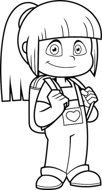 Umrissene süße schulmädchen-cartoon-figur mit rucksack stehend. vektor handgezeichnete illustration
