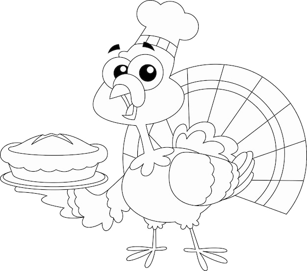 Umrissene Truthahn-Baby-Chef-Cartoon-Figur mit perfekter Torte. Vektor handgezeichnete Illustration